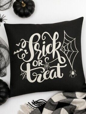 Halloween Pillow Cover • Black  & Ivory Spider Web Trick or Treat • 18 X 18